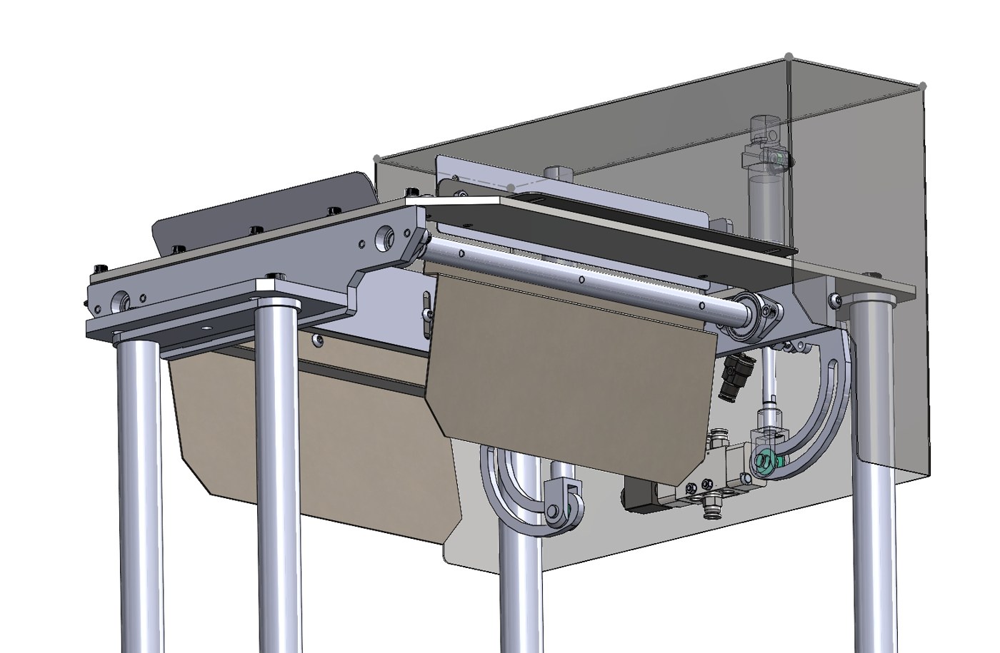 Detalle en CAD del accionamiento neumático del acumulador: cilindro, guías curvas y electroválvula