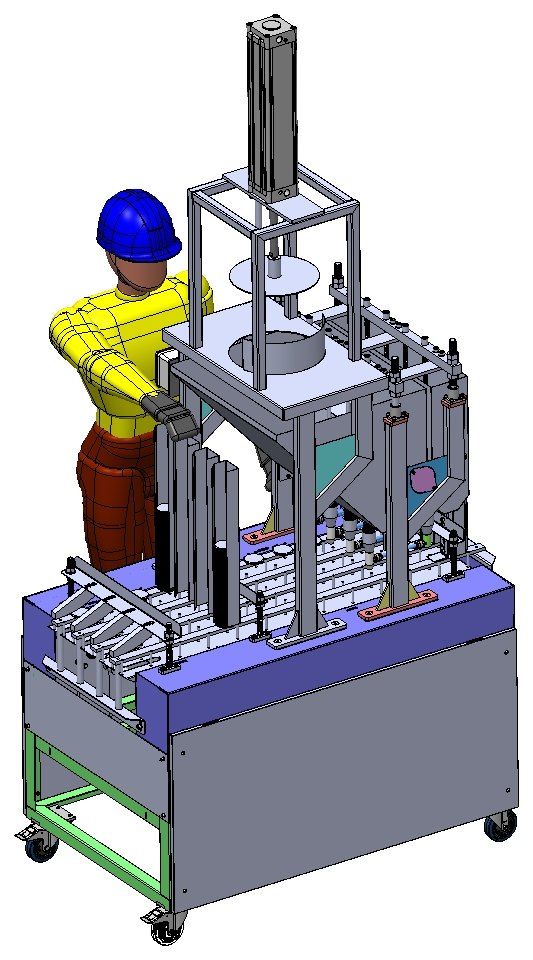 Modelo 3D de la máquina de alfajores con cargador de baldes de 25 kg y operario a escala