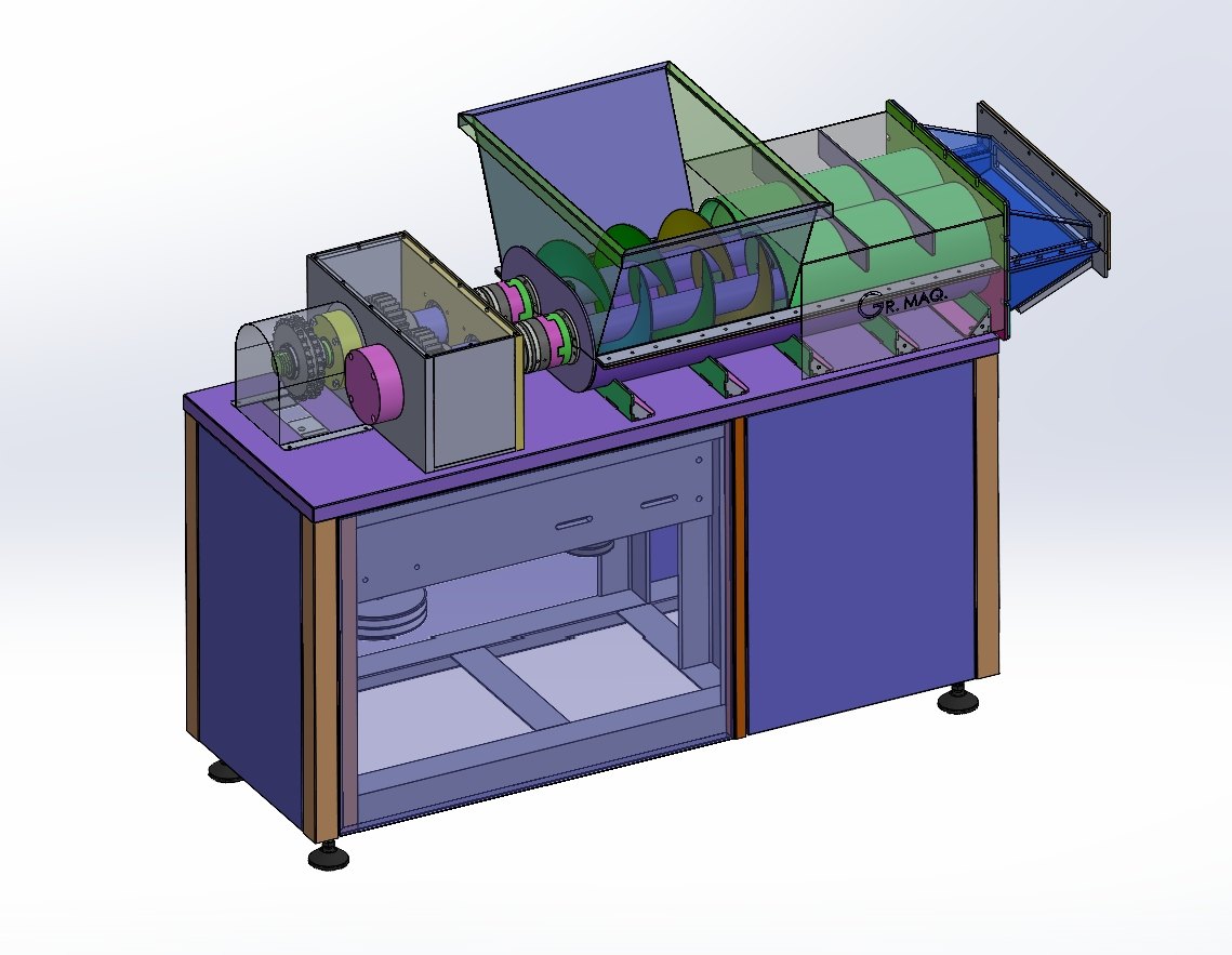 Modelo 3D de la extrusora de margarina con carcasas transparentes, mostrando el tornillo helicoidal y la caja de transmisión