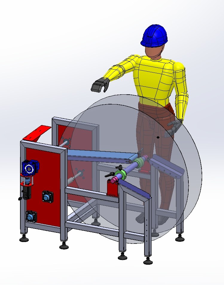 Estudio ergonómico en CAD con maniquí digital validando el alcance del operario en el cambio de bobina