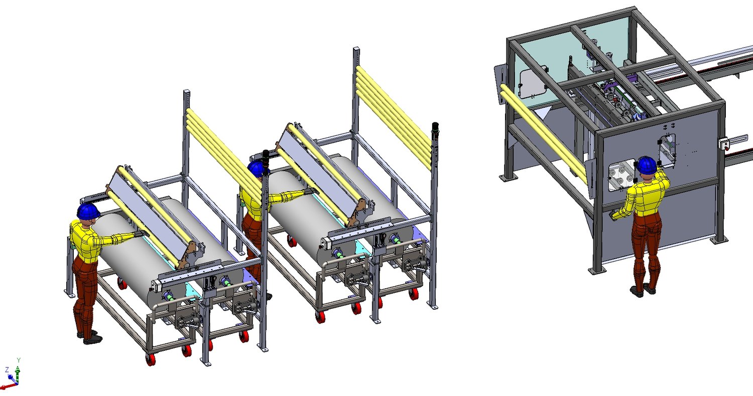 Modelo 3D de la línea de corte de tela con carros porta bobinas y cabina de corte