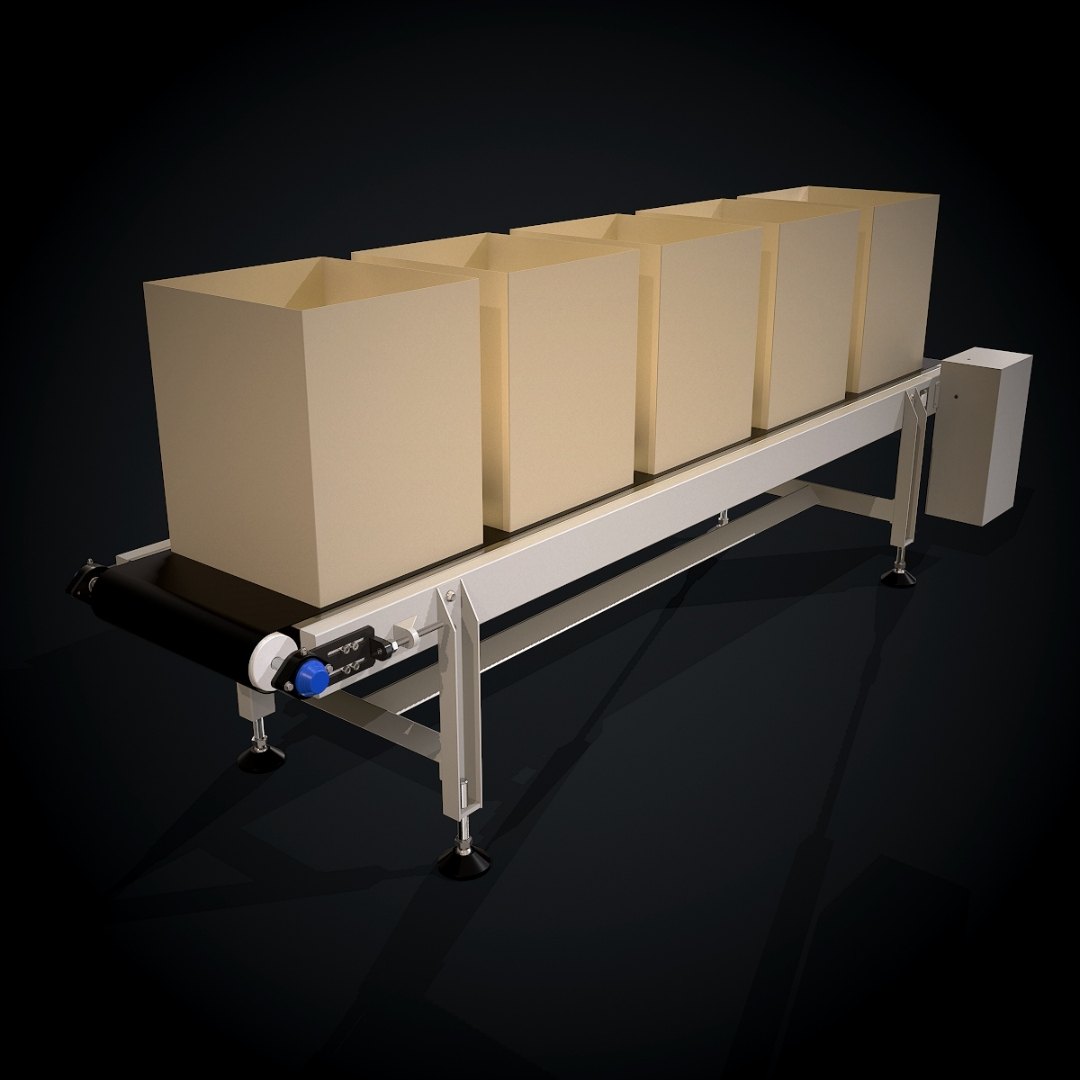 Render de un transportador para cajas con banda modular y tablero de comando