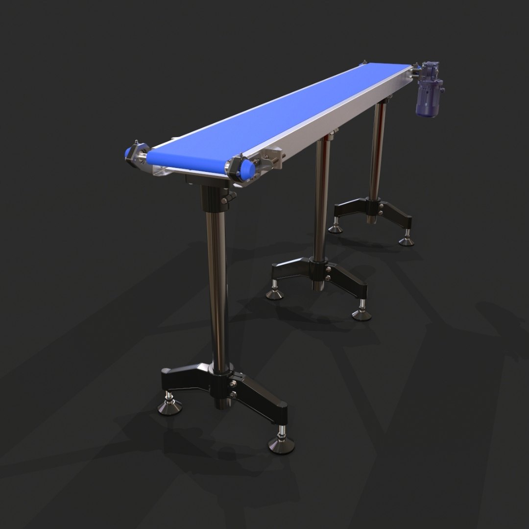 Render de un transportador de banda con bastidor de acero inoxidable y patas ajustables
