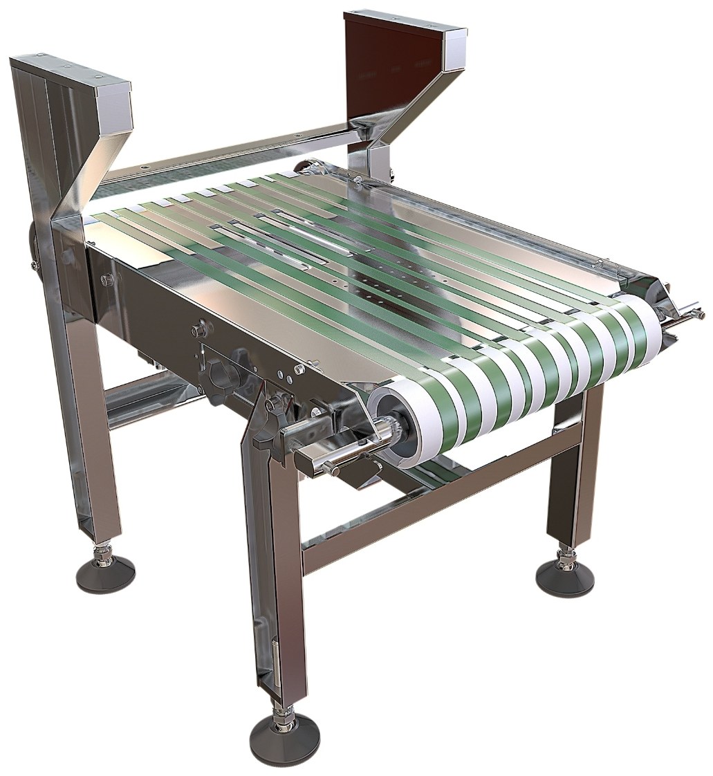 Render del transportador multibanda con peine acumulador retráctil en acero inoxidable